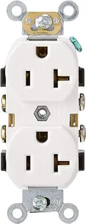Leviton Duplex Receptacle, Commercial Spec Grade, Smooth Face, 20 Amp, 125 Volt, Side Wire, NEMA 5-20R, 2-Pole, 3-Wire, Self-Grounding, CR020-W, White