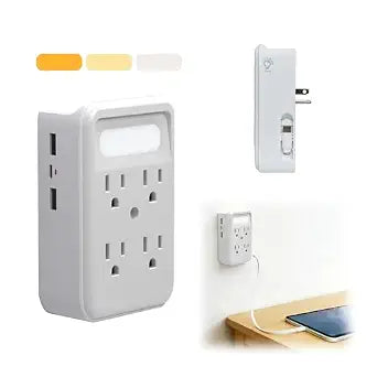 Wall Outlet Extender with Retractable USB C Cable - Dimmable Night Light (3 Color Modes), 6 AC Outlets + 3 USB Ports, Pull-Out Type-C Cord for Bedroom, Dorm, Hotel