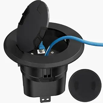Recessed Power and Data Round Floor Box, Flush Mounted Electric Floor Box with Low-Voltage Keystone, Floor Cable Concealer w/20 Amp 125V Receptacle, Home Safety Upgrade, Easy to Use (1, Black)