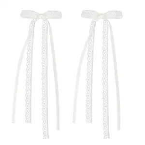 2Pcs White Lace Hair Bow Clips, Lace Hair Bow with Long Tail, Ribbon Bows for Hair, Cute Hair Ribbons, Ribbon Bows Satin Hair Clip for Hair Design