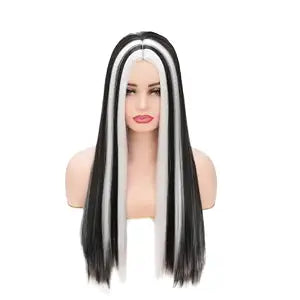 Black White Wigs for Women Long Straight Wig Soft Smooth Hair Natural Realistic Look Comfortable Fit