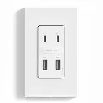 ELEGRP USB Wall Outlet, 42W Fast Charge & Power Delivery 4-Ports USB Charger, Wall Outlet with 4 USB Ports, UL/CUL Listed, Wall Plate Included, 1 Pack, Matte White
