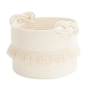 CherryNow Small Woven Rope Baby Basket with Tassel, 9.5" x 7", Off-White