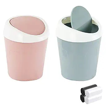 SITAKE 2 Pcs Plastic Mini Wastebasket Trash Can with 120 Trash Bags, Tiny Desktop Waste Garbage Bin with Swing Lid for Home, Office, Kitchen, Vanity Tabletop, Bedroom, Bathroom (Blue + Pink)