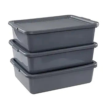 3-Pack 13 L Plastic Commercial Tote Box with Lid, Bus Tubs, Gray