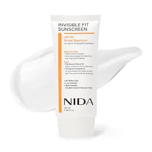 NIDA Invisible Fit Sunscreen SPF 50 Broad Spectrum UV-A/UV-B Protection | No White Cast, Low Irritation, Hydrating Lotion-like Lightweight Glow Sunscreen for All Skin Types | 1.69 fl. oz., 50ml