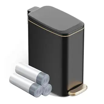 KSSKSS Small Bathroom Trash Can with Lid Soft Close, Step Pedal, 6L / 1.6 Gal Stainless Steel Garbage Bin with Removable Inner Bucket, Slim Wastebasket for Narrow Spaces (Black)