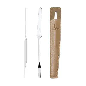 STUDIO17 Stainless Steel Foundation Spatula for Face Makeup | Makeup Spatula Tool for Even Foundation Application | Double-Edged Metal Spatula with Leather Storage Pouch