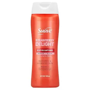 Suave Strawberry Delight Exfoliating Body Wash & Scrub with Glycerin & Vitamin E, Sulfate-Free Hydrating Cleanser for Soft, Smooth Skin, 18 FL OZ
