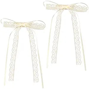 2Pcs Beige Lace Hair Bow Clips Cute Coquette Snap Barrettes Bowknot Hair Ribbon for Women Valentines Wedding Prom Decorative Accessories