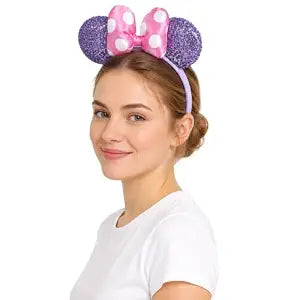 Sequin Mouse Ear 3D Hair Bow Headband, Satin Bow Hairband with Dots, Party Amusement Park Headwear for Women Girls
