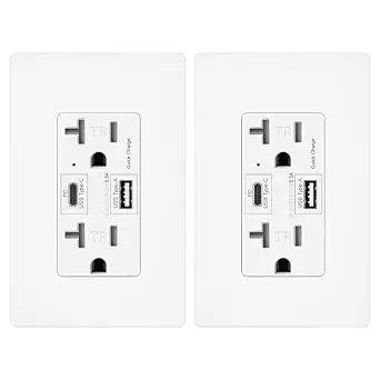 Micmi USB C + A Outlet PD 65W GaN + Power Delivery Receptacle 6.5A with Type A and Type C Ports, 125 Volt Tamper-Resistant for USB-C Cellphone W/Wallplate UL Listed (2Pack, White, 20Amp 65W)