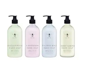 Home & Body Company Lady Bee Hand Soap Set, 4 Pack with Eucalyptus, Lavender, Tea Tree Mint, Honey Almond Scents, 21.5 fl oz Each with Pump Dispenser
