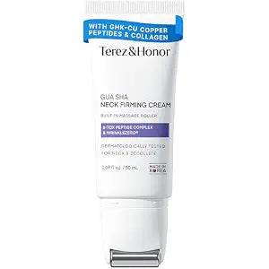 TEREZ & HONOR Gua Sha Neck Firming Cream: Korean Skin Care, Retinol, Collagen & GHK-CU Copper Peptide - Tightening & Lifting for Neck, Face & Décolleté with Built-In Massage Roller, 1.7 FL OZ