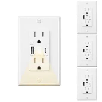 USB Wall Outlet with Night Light, 15A USB-A&C, White 4-Pack