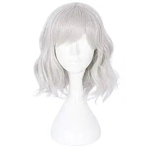 14" Women Short Bob Wig with Bangs Curly Wavy Harajuku Synthetic Cute Daily Halloween Party Cosplay Hair(silver)