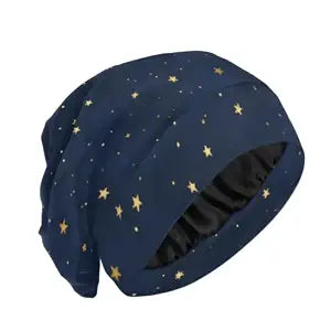 Satin Bonnet Lined Sleep Cap Hair Wrap Cover Slouchy Beanie for Curly Hair Protection for Gifts for Men Women Dark Blue Stars
