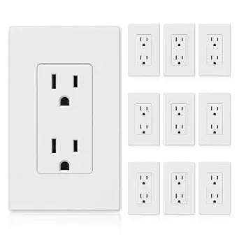 ELEGRP Matte White Standard Decorator Electrical Wall Receptacle Outlet, 15A 125V, 2 Pole 3 Wire, Non-Tamper Resistant, NEMA 5-15R, Self-Grounding, Wall Plate Included, UL Listed, 10 Pack