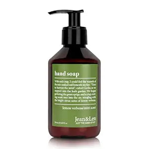 Jean & Len Lemon Verbena & Mint Hand Soap, gently cleanses stressed hands, suitable for daily use, liquid soap in pump dispenser, citrus scent, vegan, 8.45 Fl. Oz.