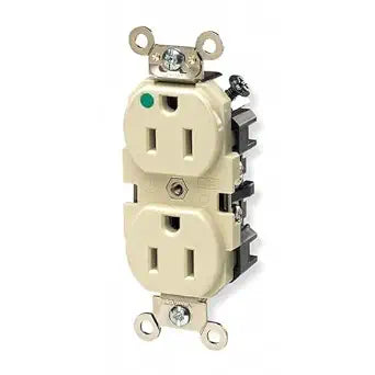 Leviton 8200-I 15 Amp, 125 Volt, Wide Body Duplex Receptacle, Straight Blade, Hospital Grade, Self Grounding, Nickel Plated Brass Strap, Ivory