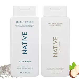 Native Body Wash, 2 Pack - Sandelwood and Shea Butter & Sea Salt and Cedar 18oz Clean Body Cleanser, Sulfate-Free, Paraben-Free Formula for All Skin Types