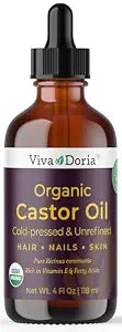 Viva Doria Organic Castor Oil, 4 Fl Oz | Virgin, Cold Pressed, Hexane-Free, Vegan | Nourishing Hair & Skin Care | Eyelash & Brow Serum | Glass Bottle with Dropper Top
