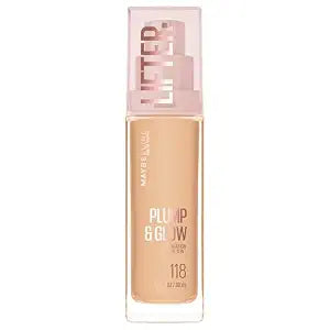 Maybelline Lifter Plump & Glow Foundation, Liquid Foundation with 2% Niacinamide + Hyaluronic Acid, Plumping and Brightening Face Makeup, 118, 1 Count