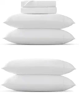 TEXAS LINEN CO. 6 Piece Bedding Bundle - 144 Series Extra Long Staple Egyptian Cotton 4 Piece Sheet Set(Queen, White) and an Extra Pair of Matching Pillowcases