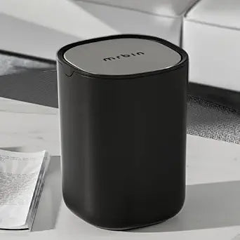 MRBIN Desk Mini Car Trash Can, 0.4 Gallon Table Top Plastic Waste Basket with Stainless Steel Lid, Small Garbage Bin for Bedroom, Coffee Bar, Vanity Countertop, Black
