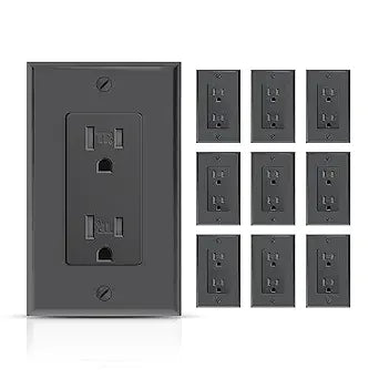TOPELER Black Decorator Wall Receptacle Outlet, 15A Duplex Standard Tamper-Resistant Electrical Outlet, Self-Grounding, 2-Pole, 3-Wire, Wall Plate Included, UL Listed, 10 Pack