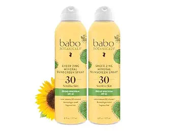 Babo Botanicals Sheer Zinc Continuous Sunscreen Spray SPF30 - Natural Zinc Oxide - Extra Sensitive Skin - Water Resistant - Vegan - Fragrance-Free - Air-Powered Spray - For all ages