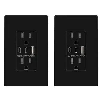 TOPGREENER 5.0A USB Outlet with 15A Duplex TR Receptacles, Black, 2 Pack