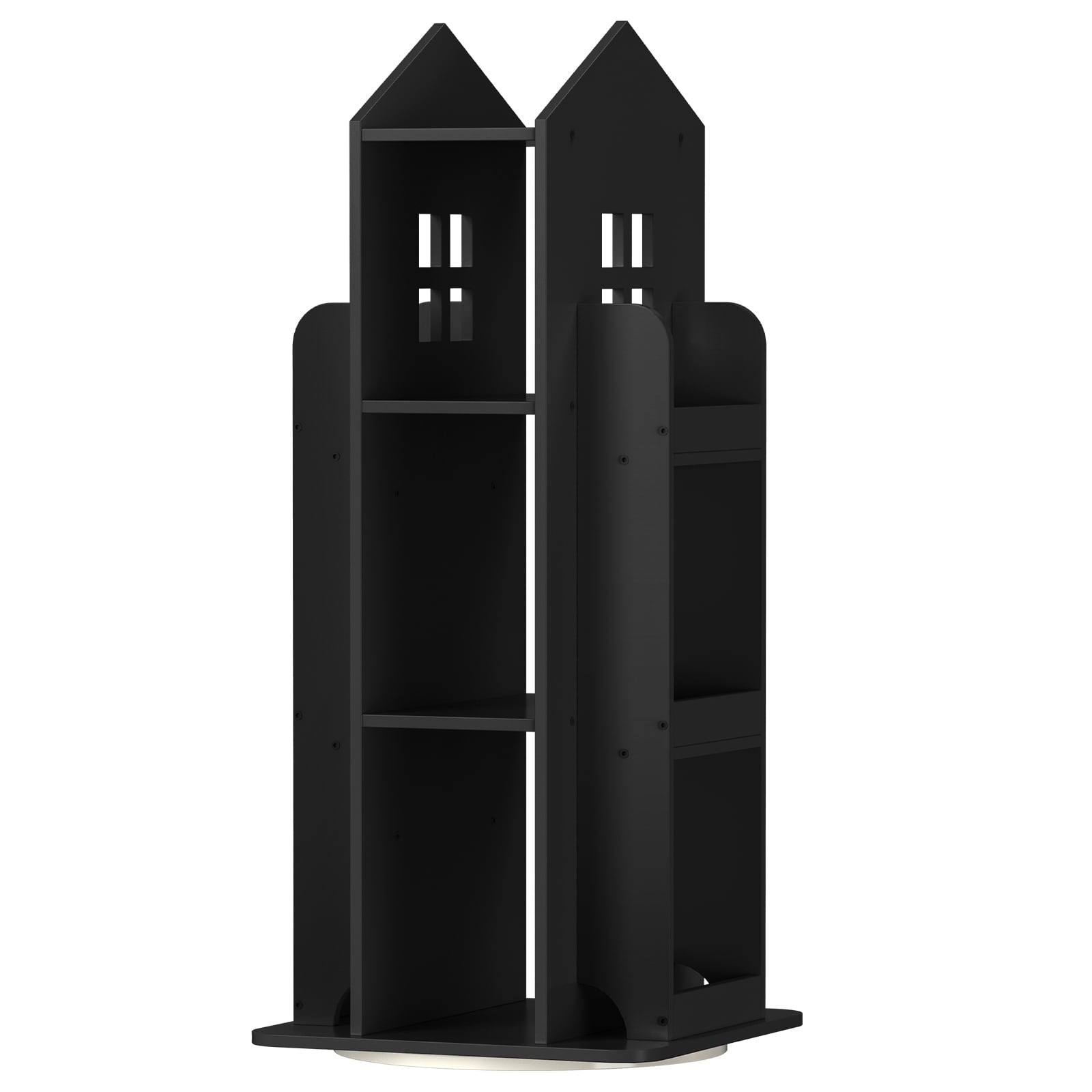 360Â° Rotating Kids Bookshelf, Black Engineered Wood House-Shaped Bookcase, 38in Tall Storage Organizer for Bedroom, Playroom, Living Room