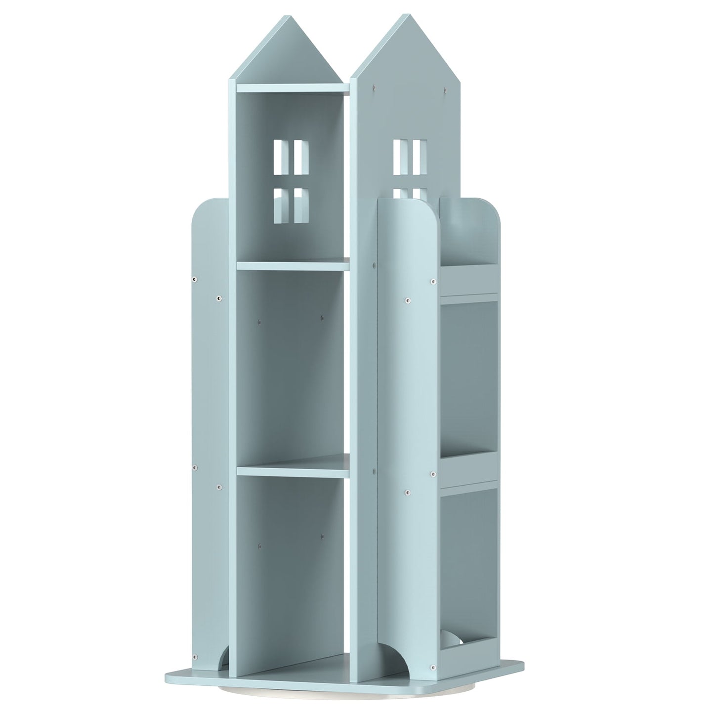 360Â° Rotating Kids Bookshelf, Blue Engineered Wood House-Shaped Bookcase, 38in Tall Storage Organizer for Bedroom, Playroom, Living Room