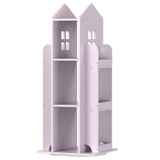 360Â° Rotating Kids Bookshelf, Pink Engineered Wood House-Shaped Bookcase, 38in Tall Storage Organizer for Bedroom, Playroom, Living Room