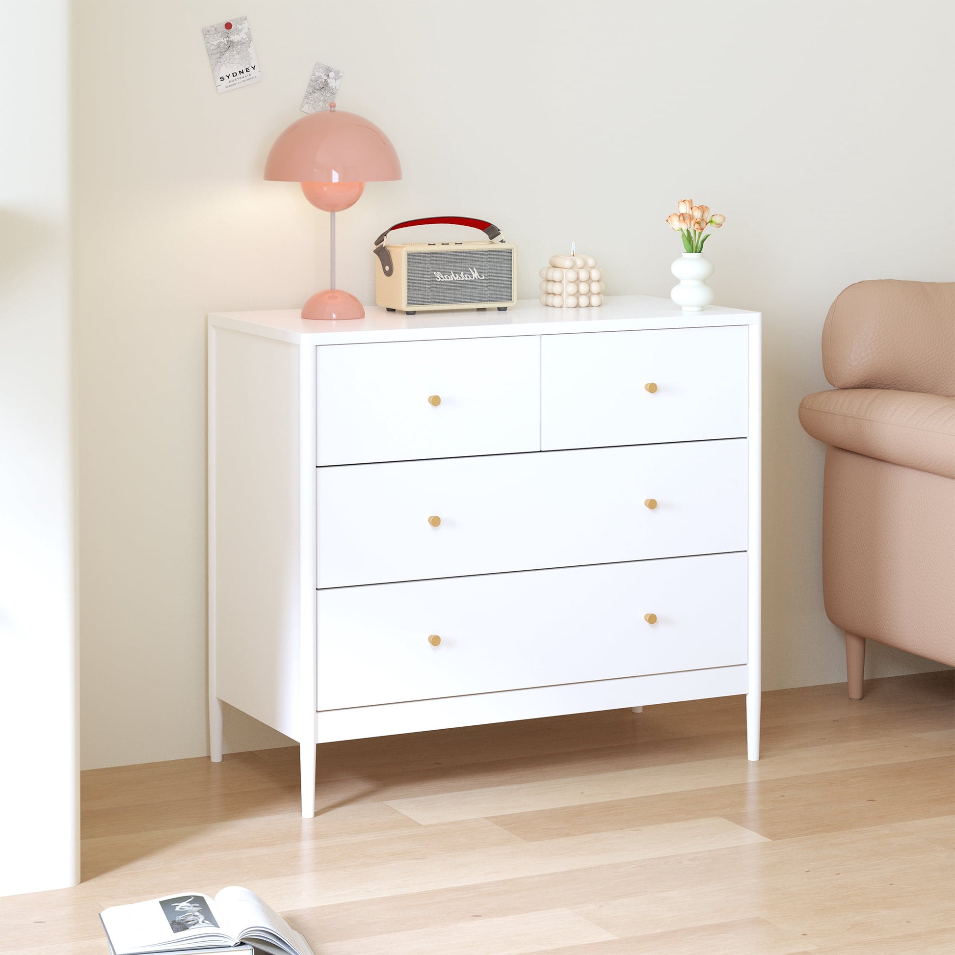4-Drawer Dresser, Wooden Chest of Drawers Storage Cabinet Organizer Closet for Bedroom Living Room Hallway Office, White