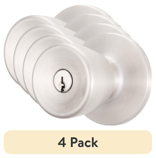 (4 pack) Brinks Mobile Home Keyed Entry Classic Bell Style Doorknob, Stainless Steel Finish