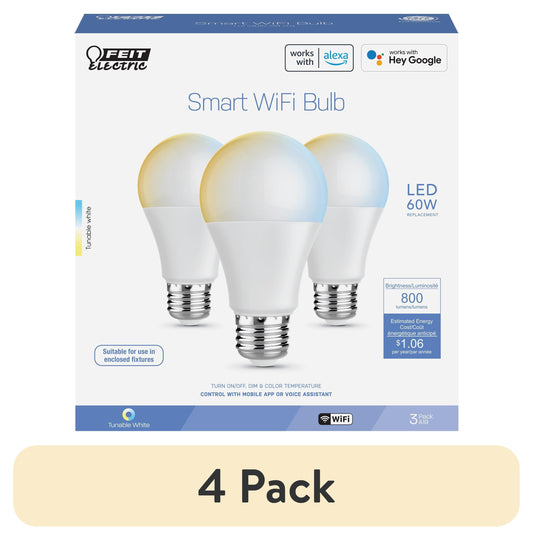 (Paquete de 4) Bombilla LED Inteligente WiFi A19 con Base E26 Blanca Ajustable de 8.8W (Reemplazo de 60W) Feit Electric (Paquete de 3)