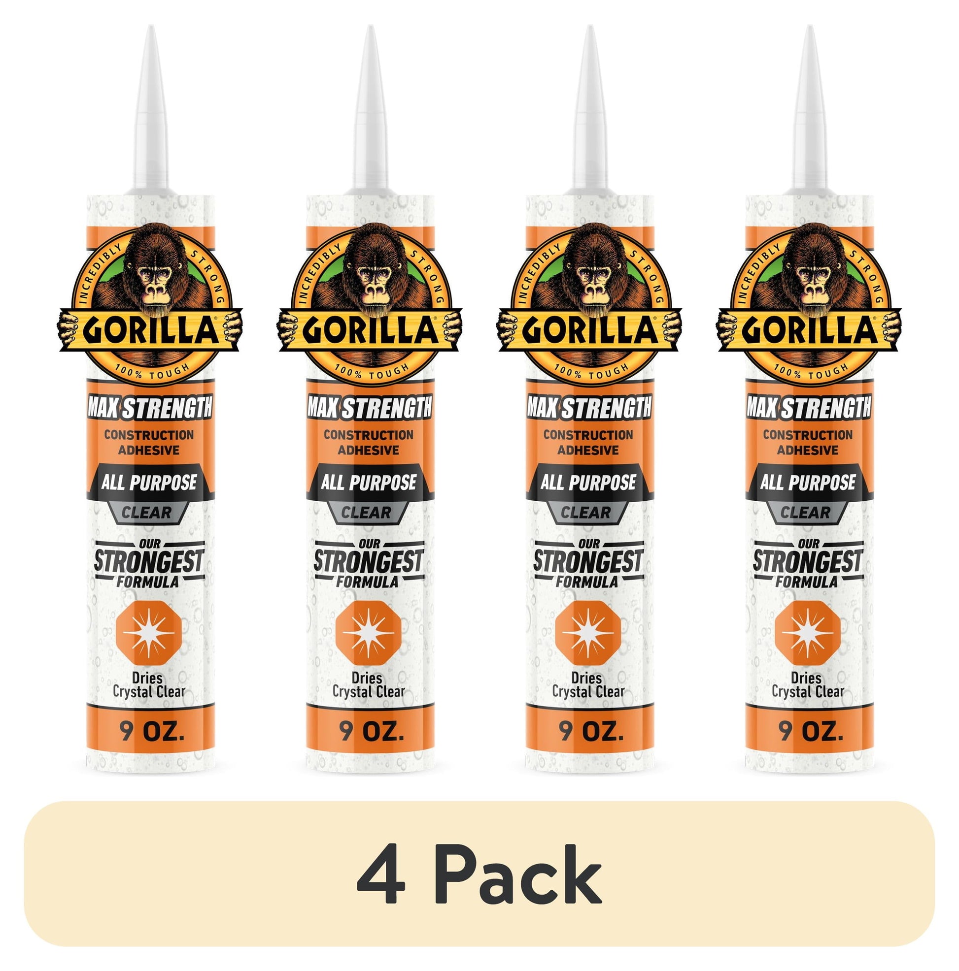 (4 pack) Gorilla Glue Clear Max Strength Construction Adhesive, 9 Ounce Size Cartridge, 1 Count. Model 8212302
