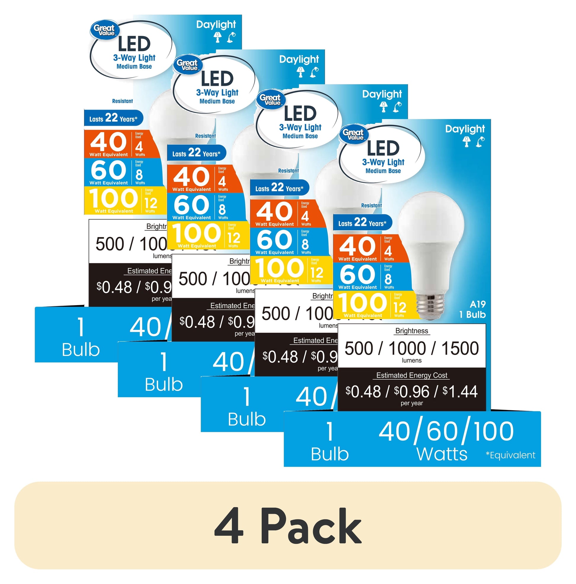 (4 pack) Great Value A19 LED 4/8/12W (40/60/100W Equivalent) Daylight E26 Medium Base 3-Way Light Bulb