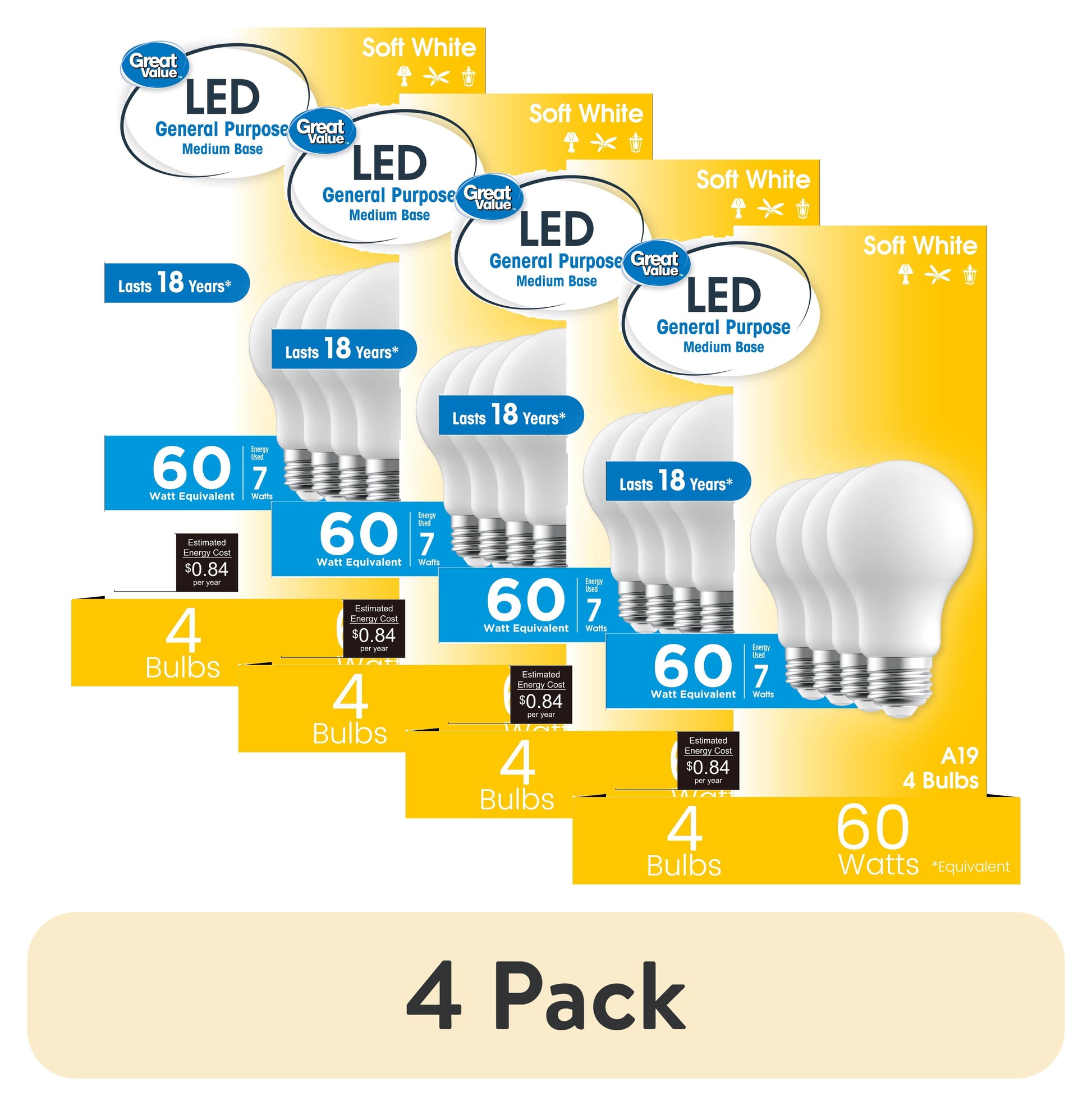 (4 pack) Great Value A19 LED 7W (60W Equivalent) Soft White E26 Medium Base Light Bulbs, Dimmable, 4 Pack