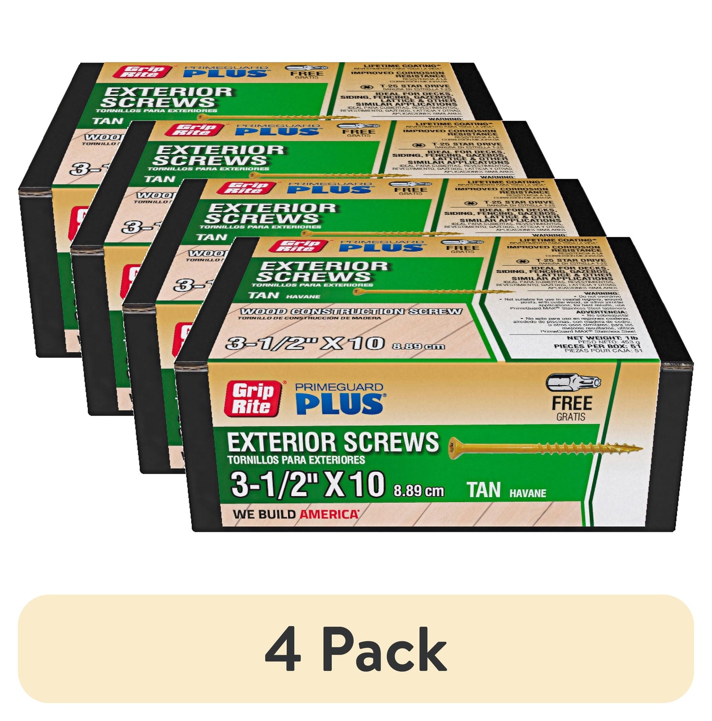 (4 pack) Grip-Rite PrimeGuard Plus #10 x 3-1/2 in. Tan Wood to Wood Deck Screw 1lb.