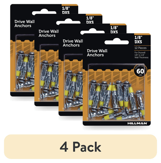(4 pack) Hillman Drywall Anchor Screws, 1/8" x DXS, Steel, Zinc, Corrosion Resistant, 60 lbs, Silver, 12 sets