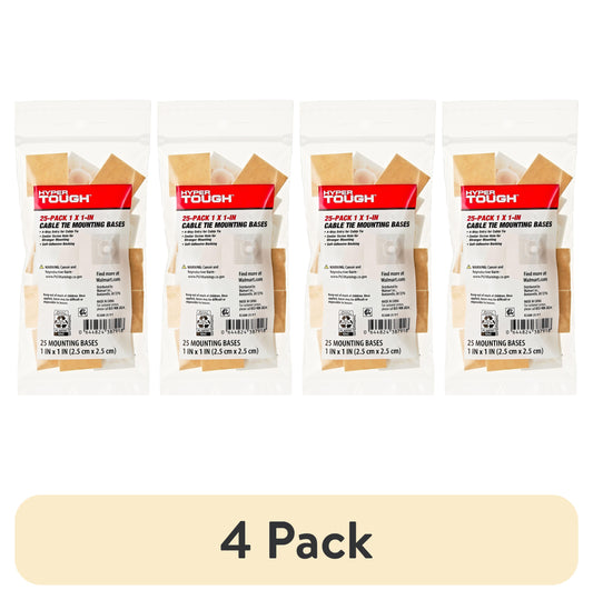 (4 pack) Hyper Tough 1" x 1" Cable Tie Mounting Bases, Natural, 25 Count