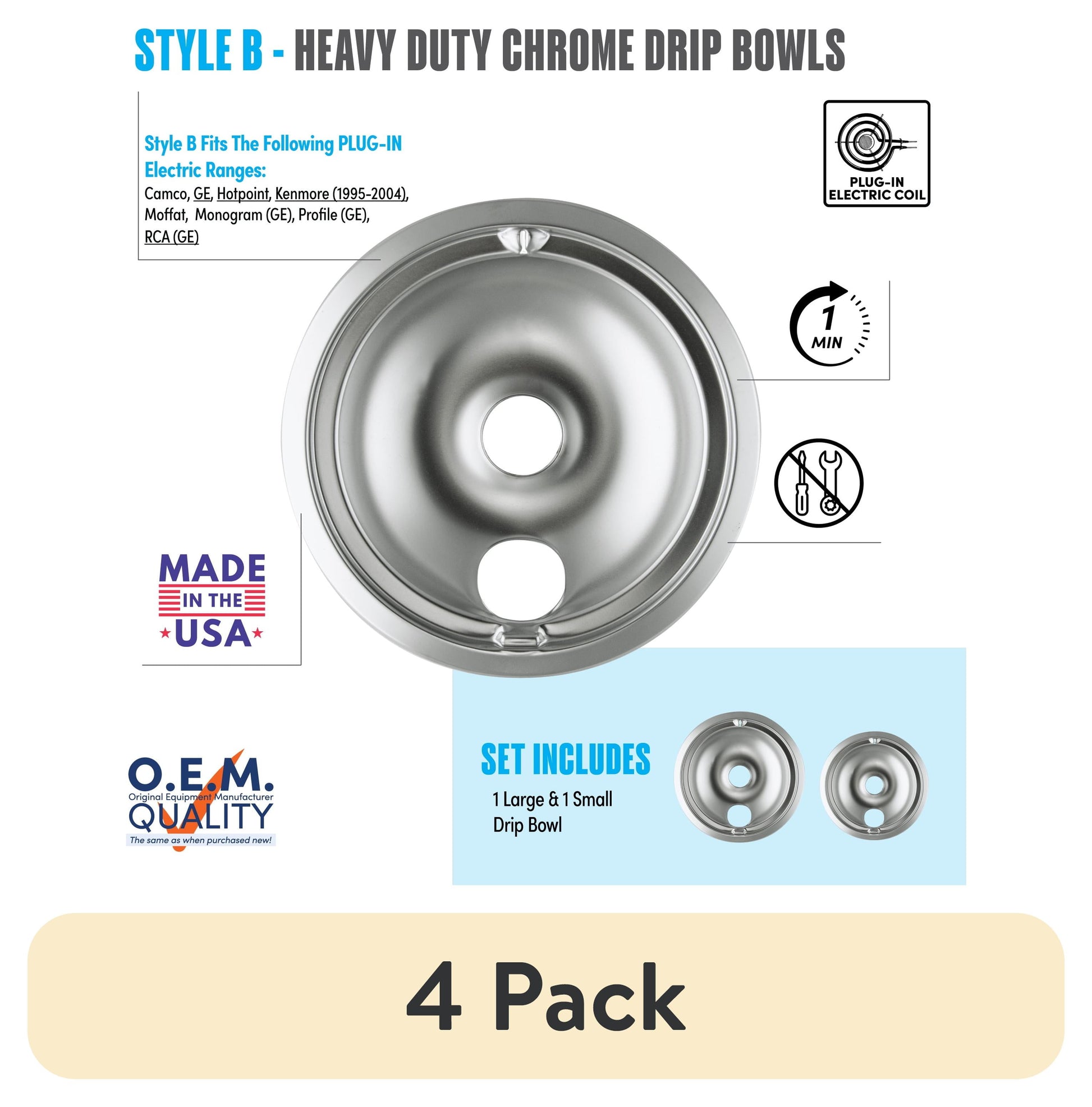 (4 pack) Range Kleen 139402XCD5 Style B 2-Pack Heavy Duty Chrome Drip Bowls