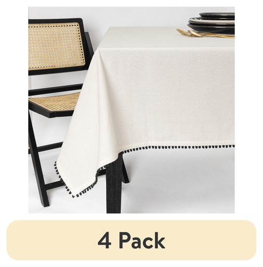 (4 pack) Thyme & Table Mantel Rectangular de 84", Marfil con Ribete de Pompones Negros