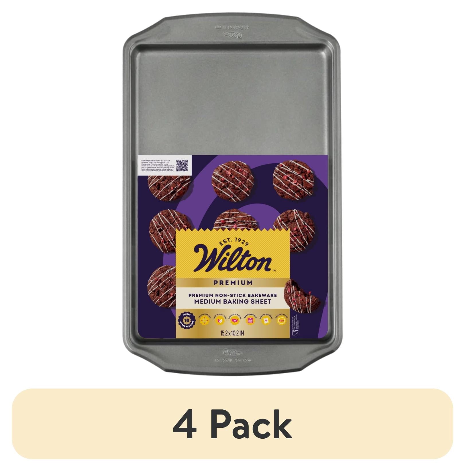 (4 pack) Wilton Premium Steel Non-Stick Medium Cookie Sheet 10x 15 Baking Pan with Handles Rectangular Shape, Packaging May Vary