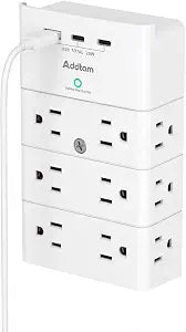 Addtam Multi Plug Wall Outlet, Surge Protector Wall Mount with 12 Outlet Extender 4 Sides and 3 USB Ports (PD 20W), Outlet Splitter Power Strip for Home Office Dorm Room Essentials, White