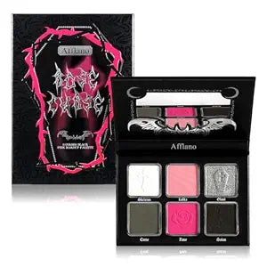 Afflano Goth Pink Eyeshadow Palette, Black Silver Pink Smokey Eyes Makeup Eyeshadow Pallet With Mirror, for Goth Girls Women Long Lasting Daily Valentine makeup, Emo Halloween Clown SFX Gothic Looks