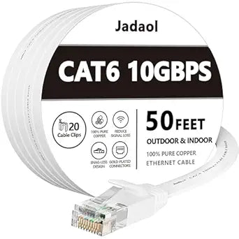 Jadaol Cat6/Cat6A Ethernet Cable 50FT Flat with Clips 10Gbps Network, White
